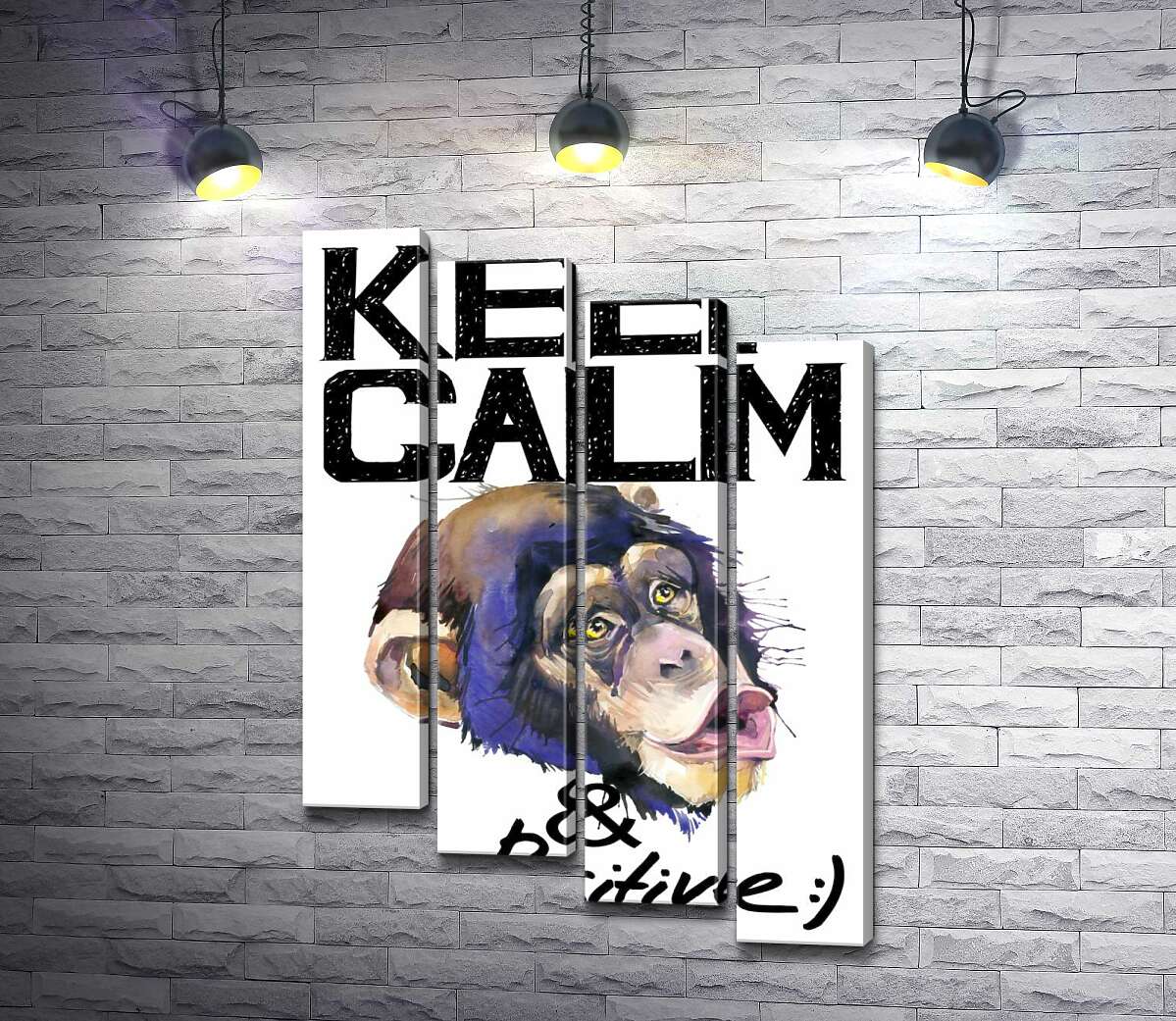модульная картина Мордочка обезьяны среди надписи "keep calm and be positive" (Модуль №19)