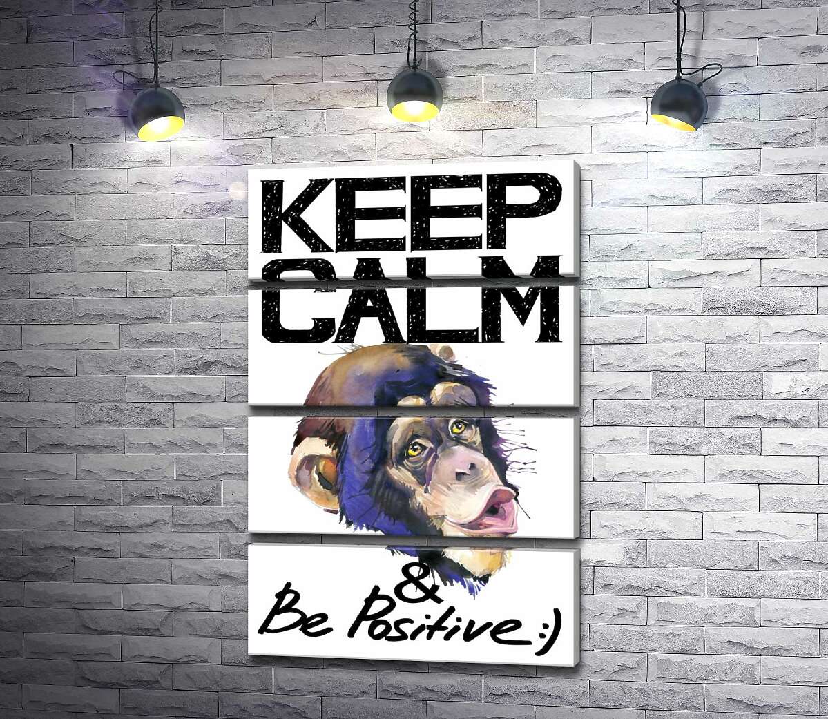 модульна картина Мордочка мавпи серед напису "keep calm and be positive" (Модуль №22)