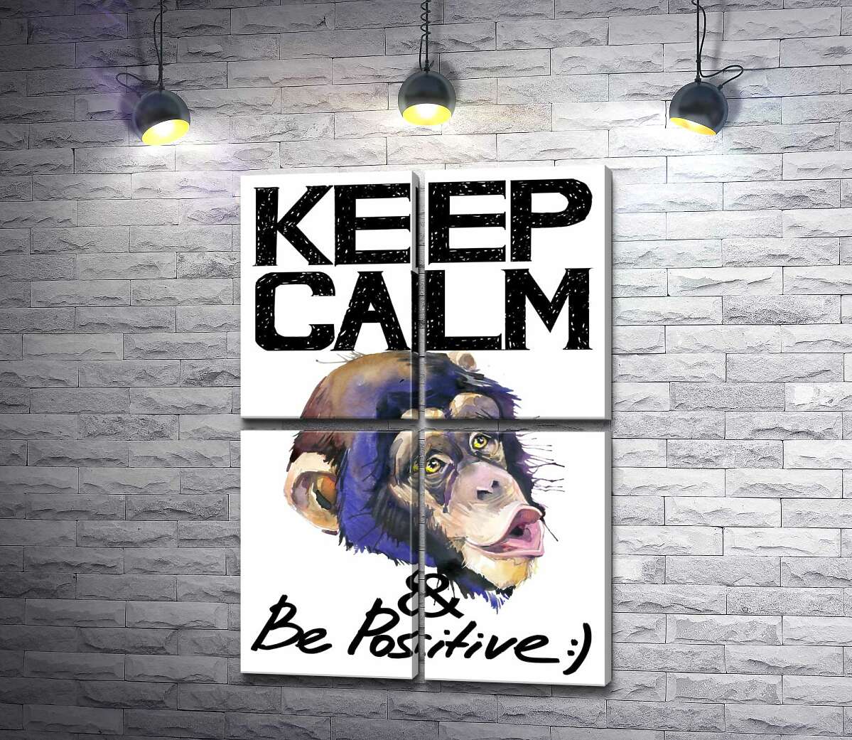 модульная картина Мордочка обезьяны среди надписи "keep calm and be positive" (Модуль №25)