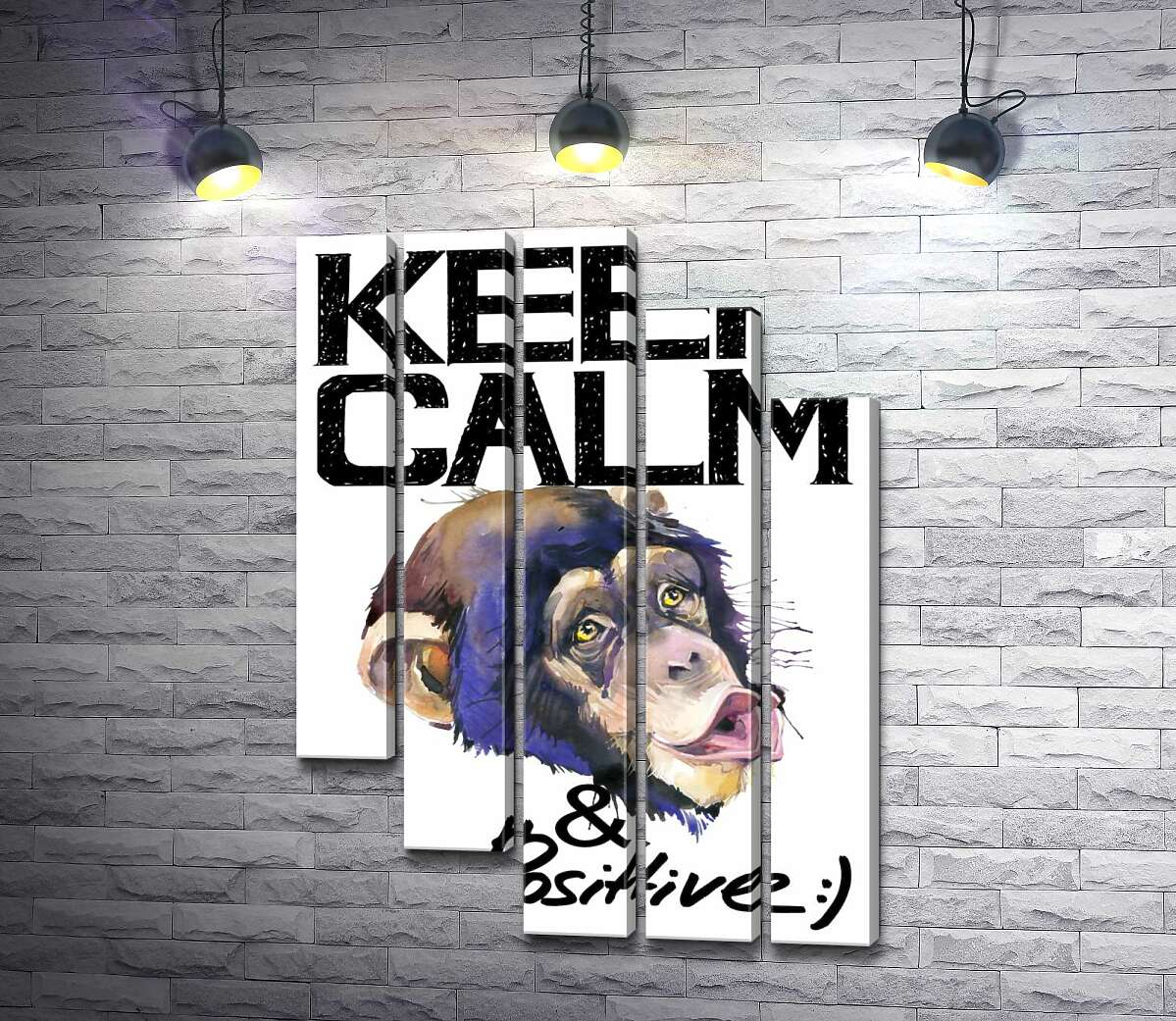 модульна картина Мордочка мавпи серед напису "keep calm and be positive" (Модуль №28)