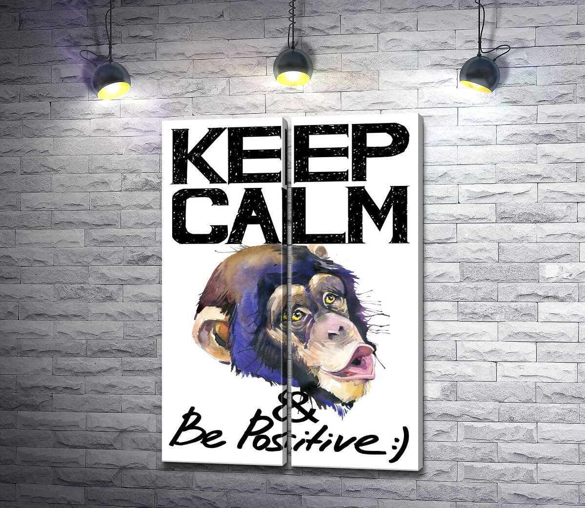 модульная картина Мордочка обезьяны среди надписи "keep calm and be positive"