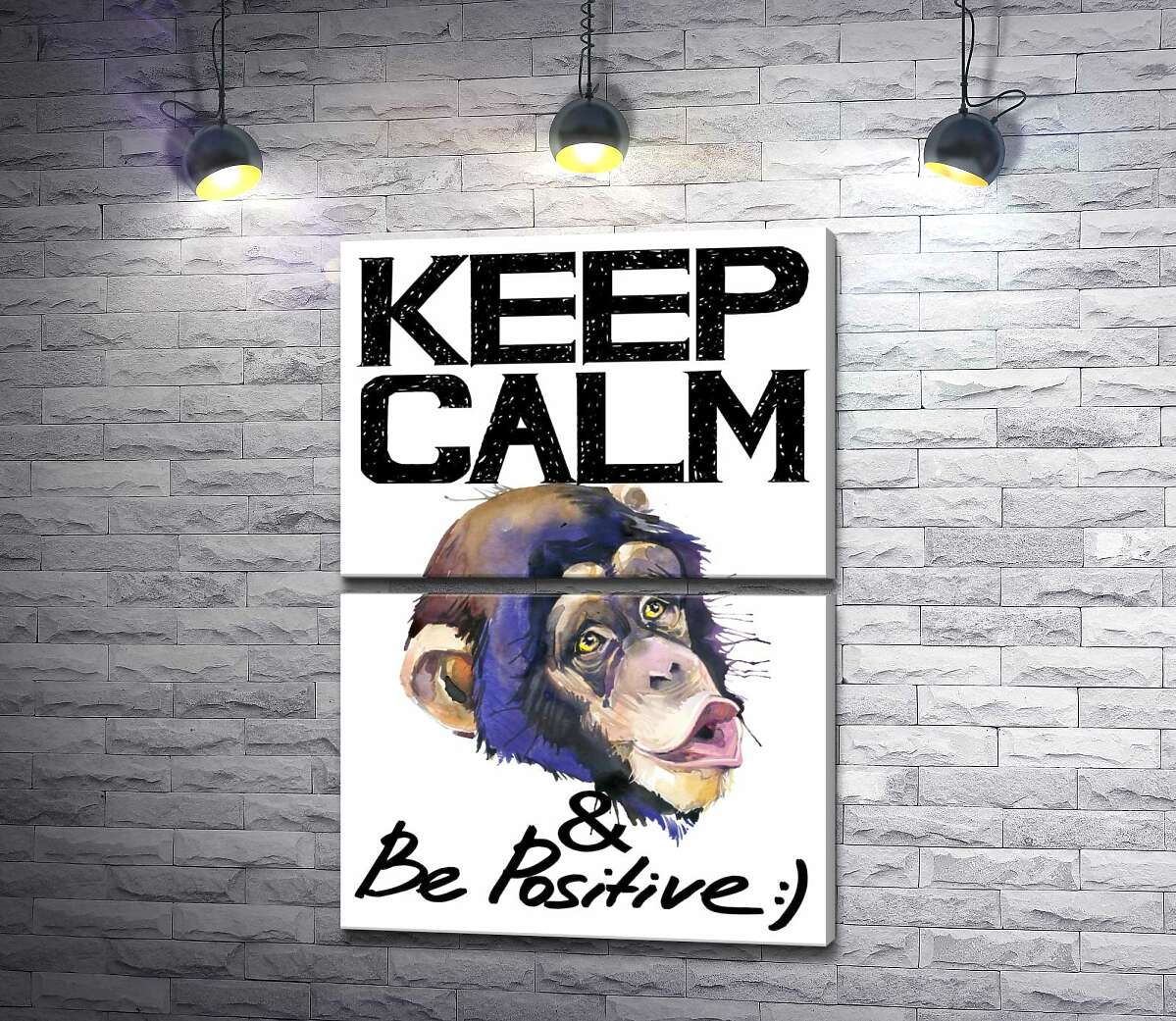 модульная картина Мордочка обезьяны среди надписи "keep calm and be positive" (Модуль №7)