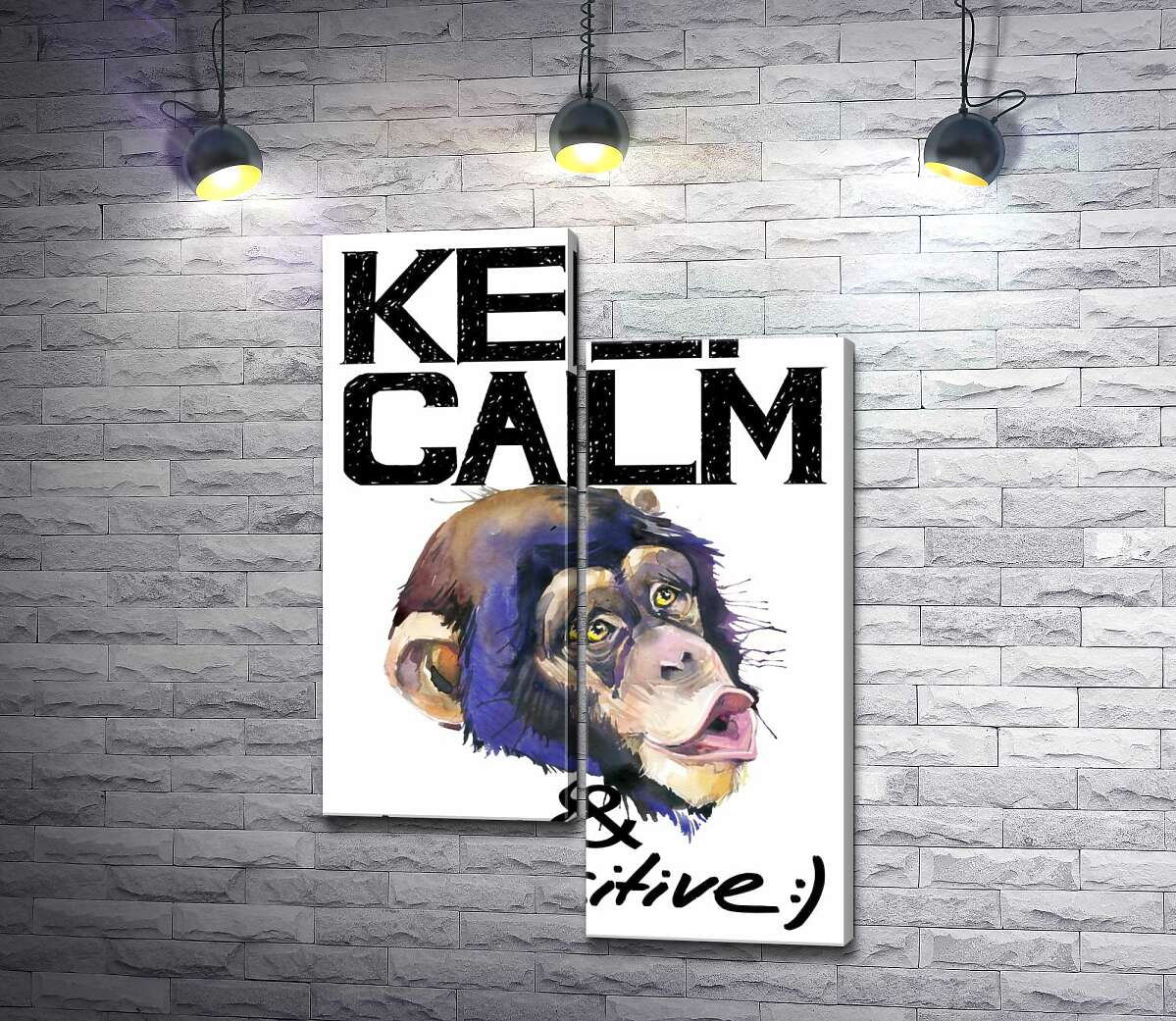 модульна картина Мордочка мавпи серед напису "keep calm and be positive" (Модуль №9)