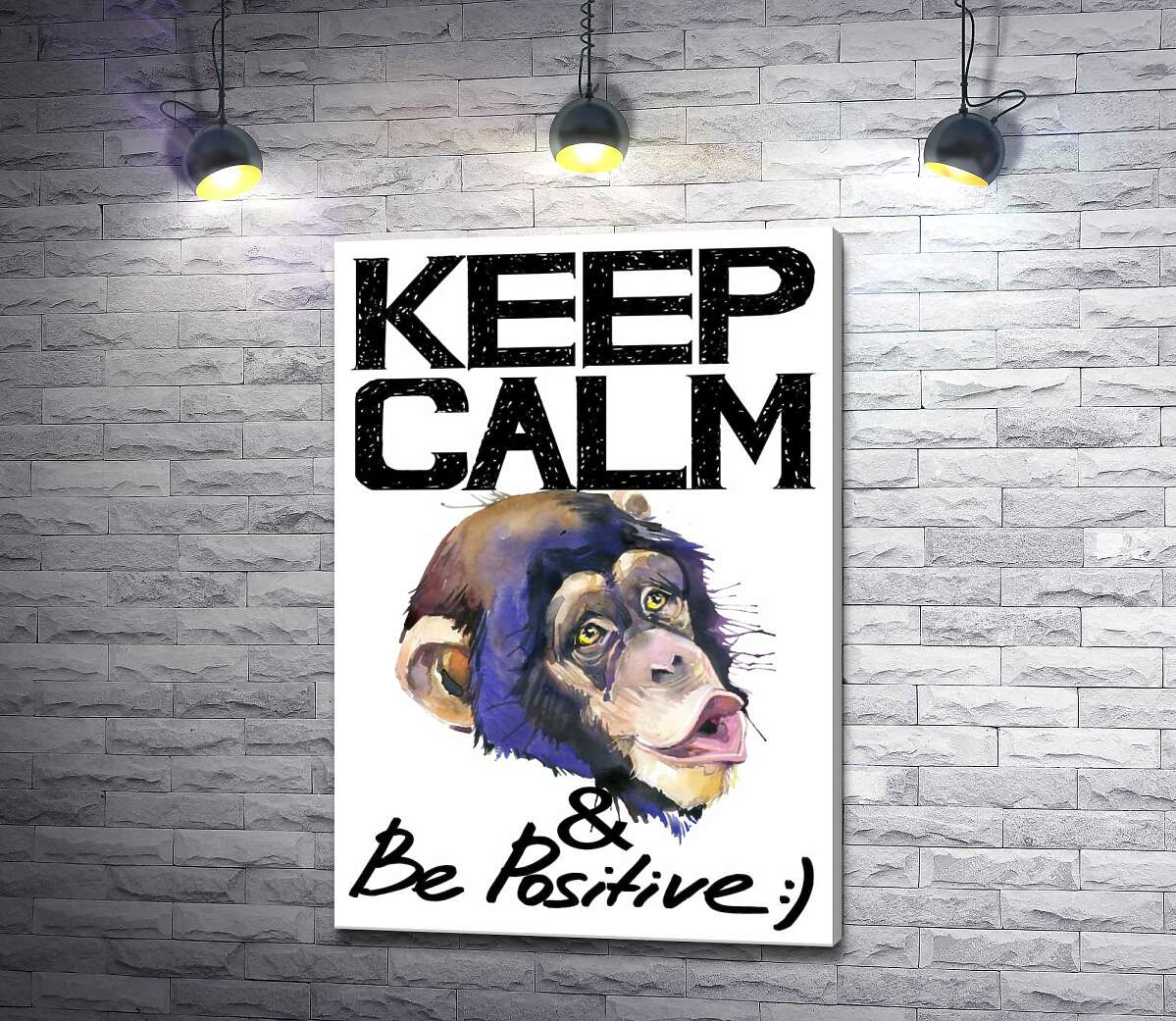 картина Мордочка обезьяны среди надписи "keep calm and be positive"