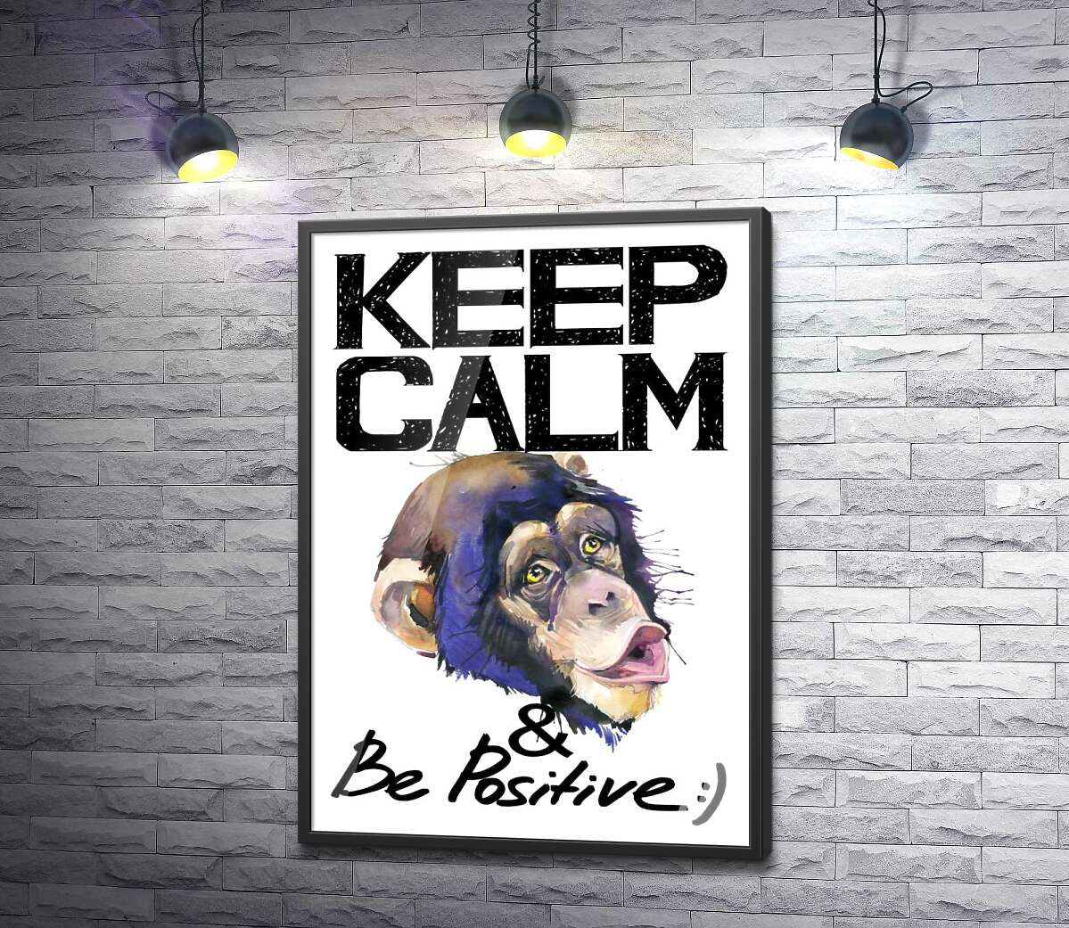 постер Мордочка обезьяны среди надписи "keep calm and be positive"