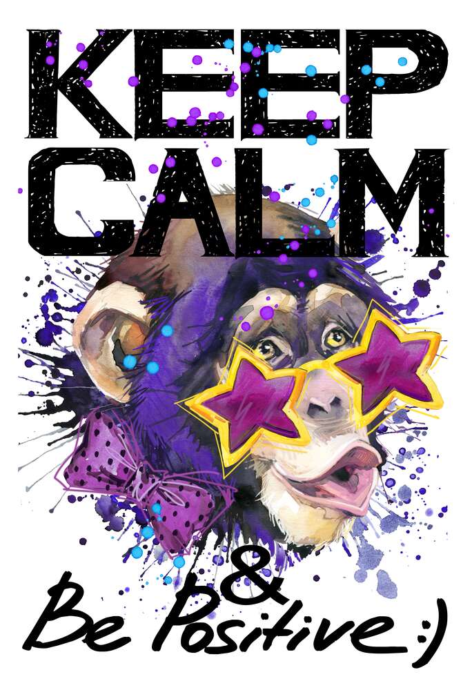 картина-постер Обезьяна в звездных очках среди надписи "keep calm and be positive"