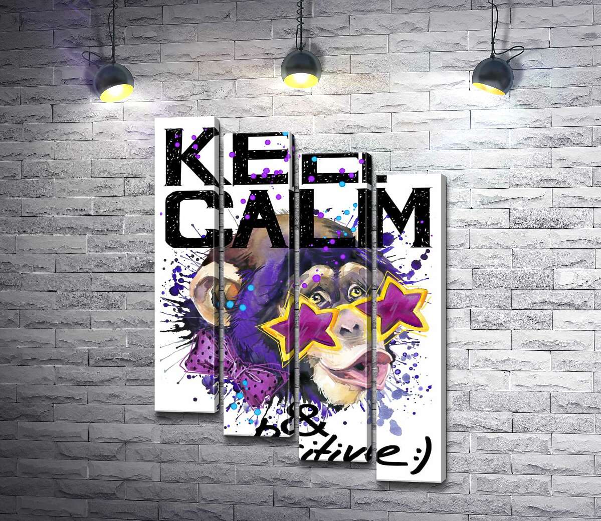 модульна картина Мавпа в зіркових окулярах серед напису "keep calm and be positive" (Модуль №19)