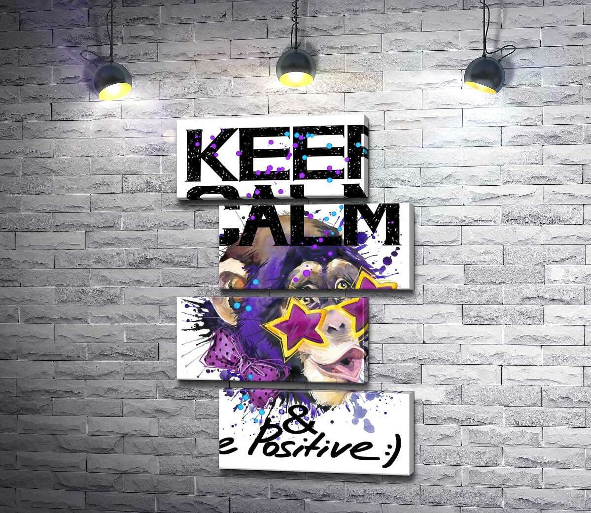 модульная картина Обезьяна в звездных очках среди надписи "keep calm and be positive" (Модуль №23)