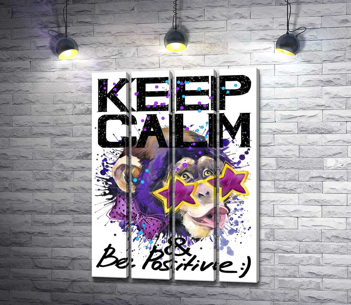 модульна картина Мавпа в зіркових окулярах серед напису "keep calm and be positive" (Модуль №24)