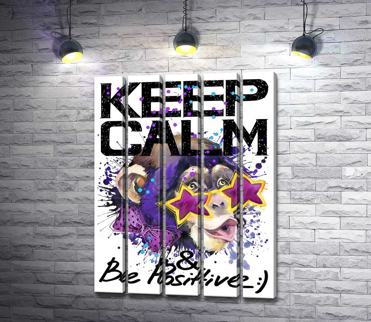 модульная картина Обезьяна в звездных очках среди надписи "keep calm and be positive" (Модуль №26)