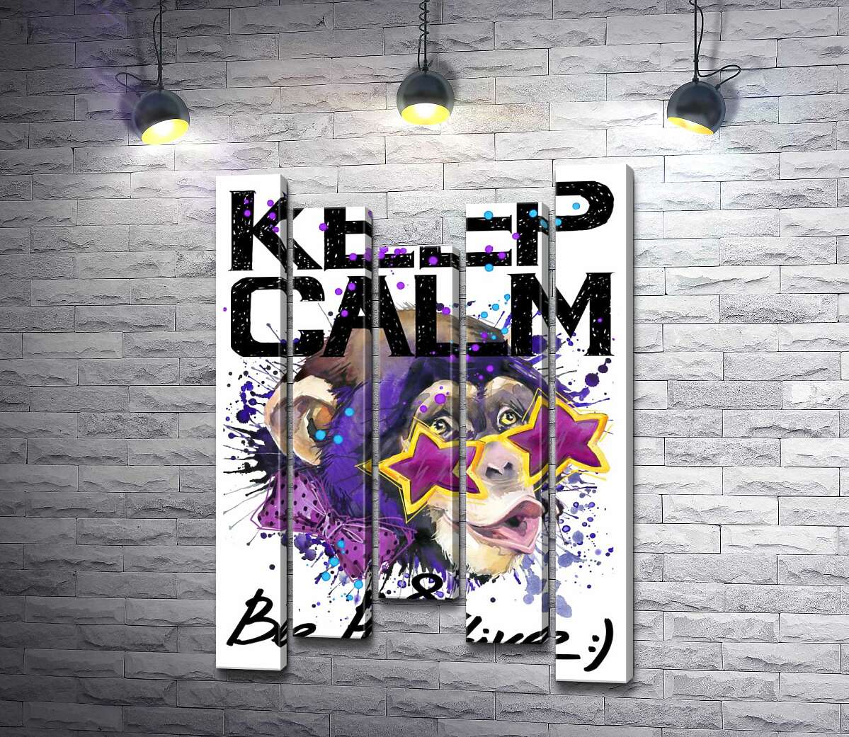 модульная картина Обезьяна в звездных очках среди надписи "keep calm and be positive" (Модуль №27)