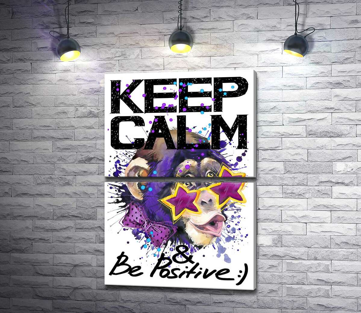 модульная картина Обезьяна в звездных очках среди надписи "keep calm and be positive" (Модуль №7)