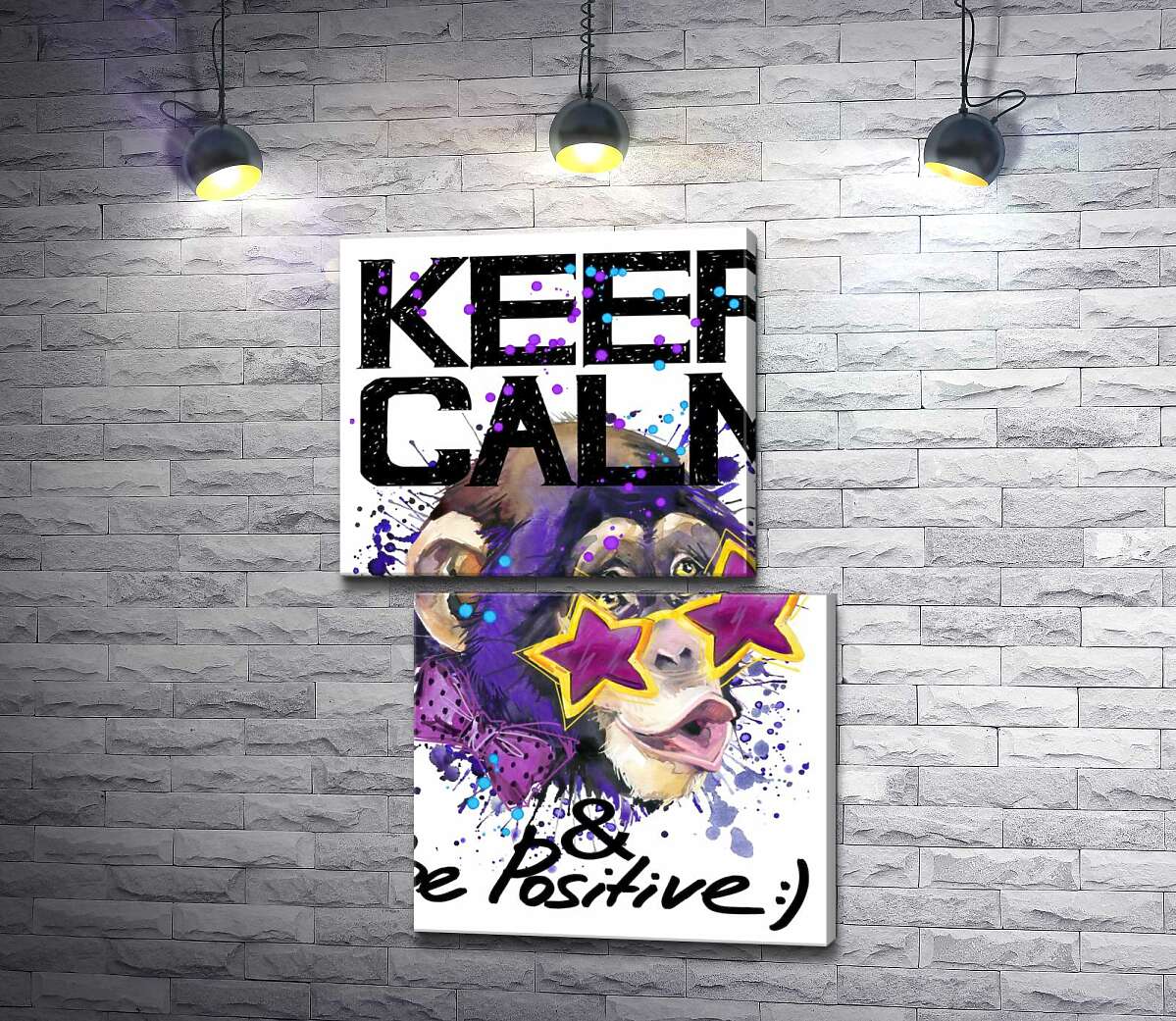модульная картина Обезьяна в звездных очках среди надписи "keep calm and be positive" (Модуль №8)