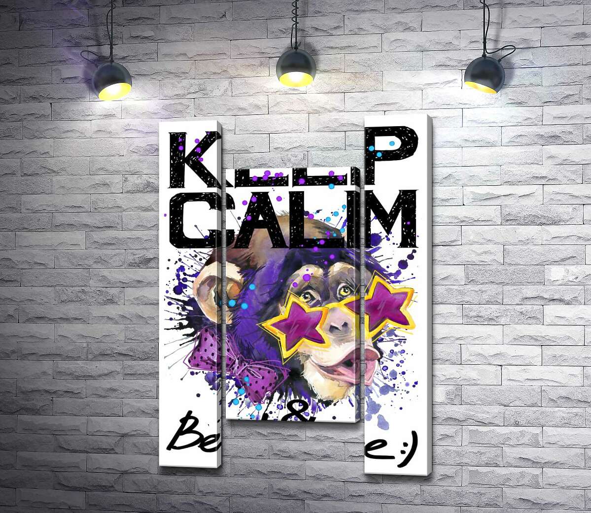 модульная картина Обезьяна в звездных очках среди надписи "keep calm and be positive" (Модуль №11)