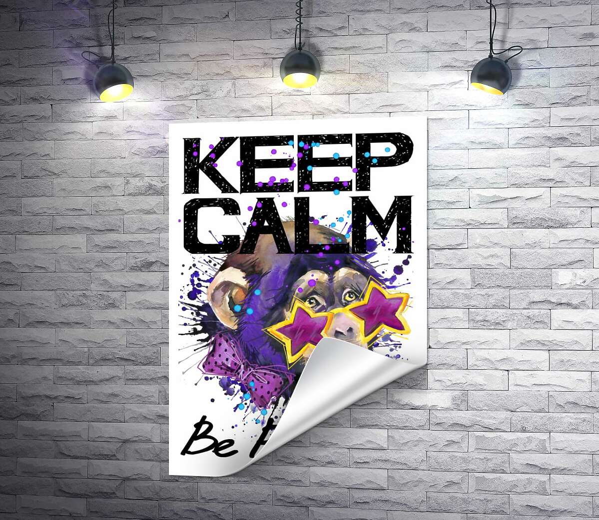 печать Обезьяна в звездных очках среди надписи "keep calm and be positive"