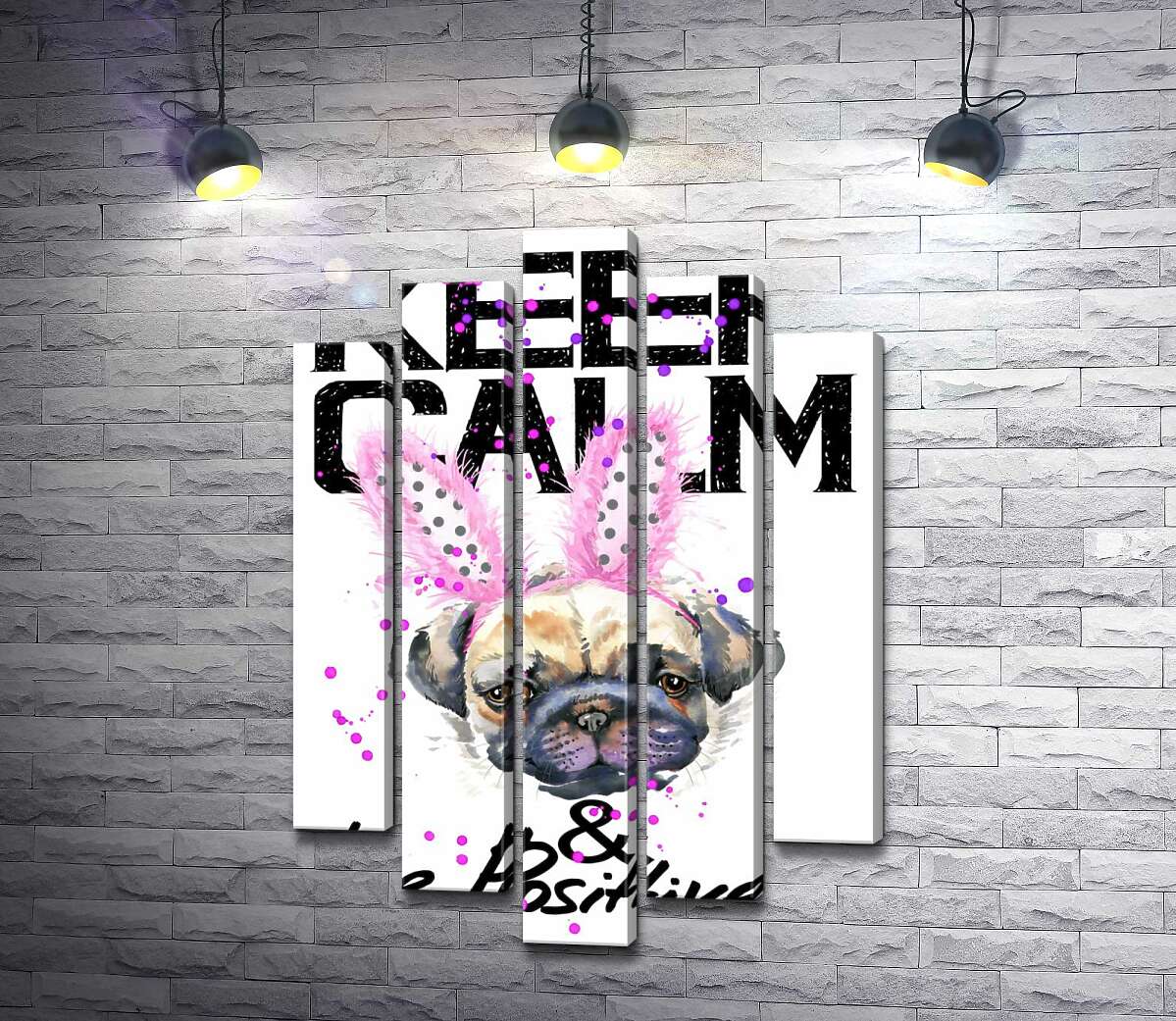 модульна картина Мопс з рожевими вушками зайця з написом "keep calm and be positive" (Модуль №4)
