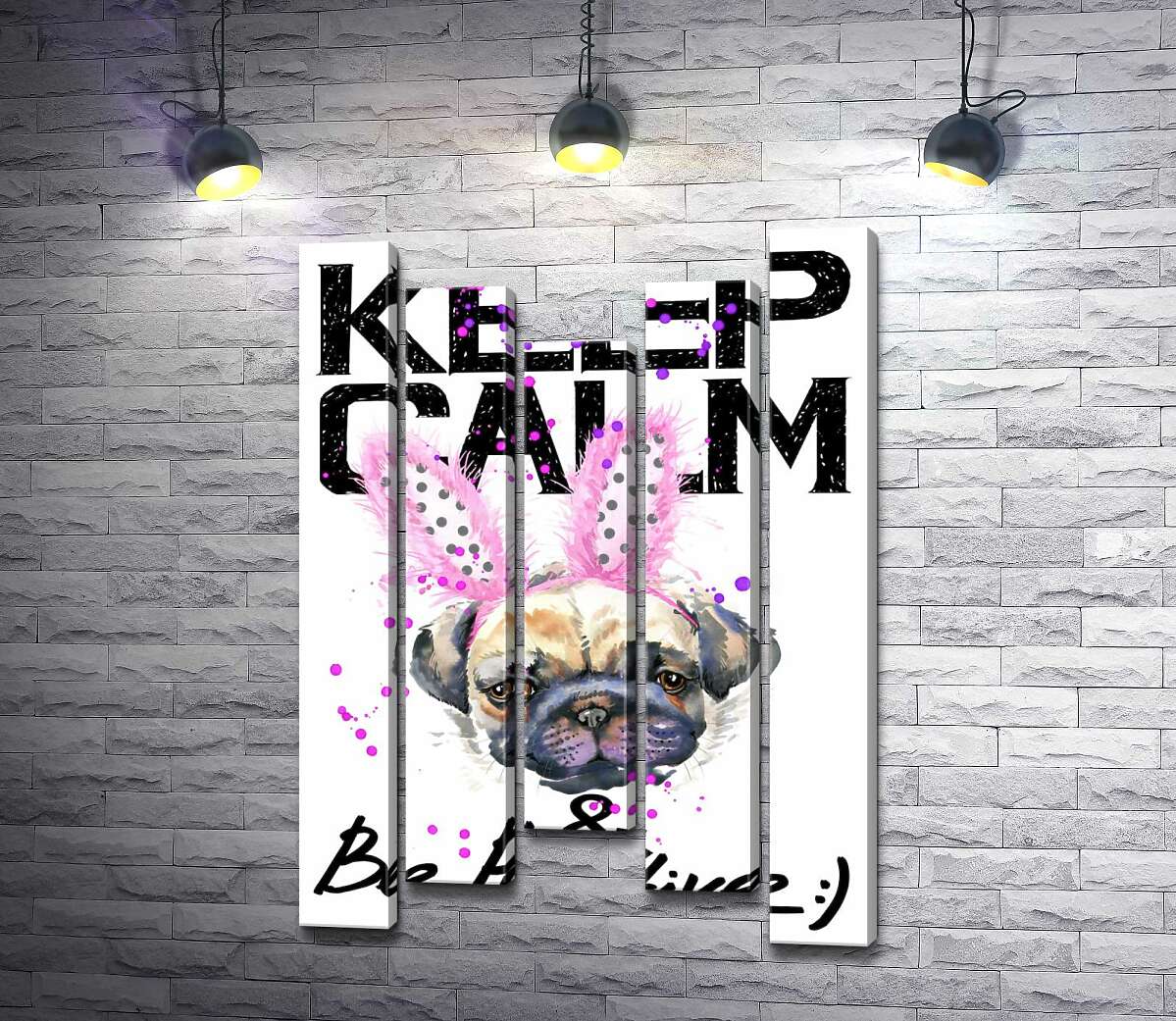 модульна картина Мопс з рожевими вушками зайця з написом "keep calm and be positive" (Модуль №27)