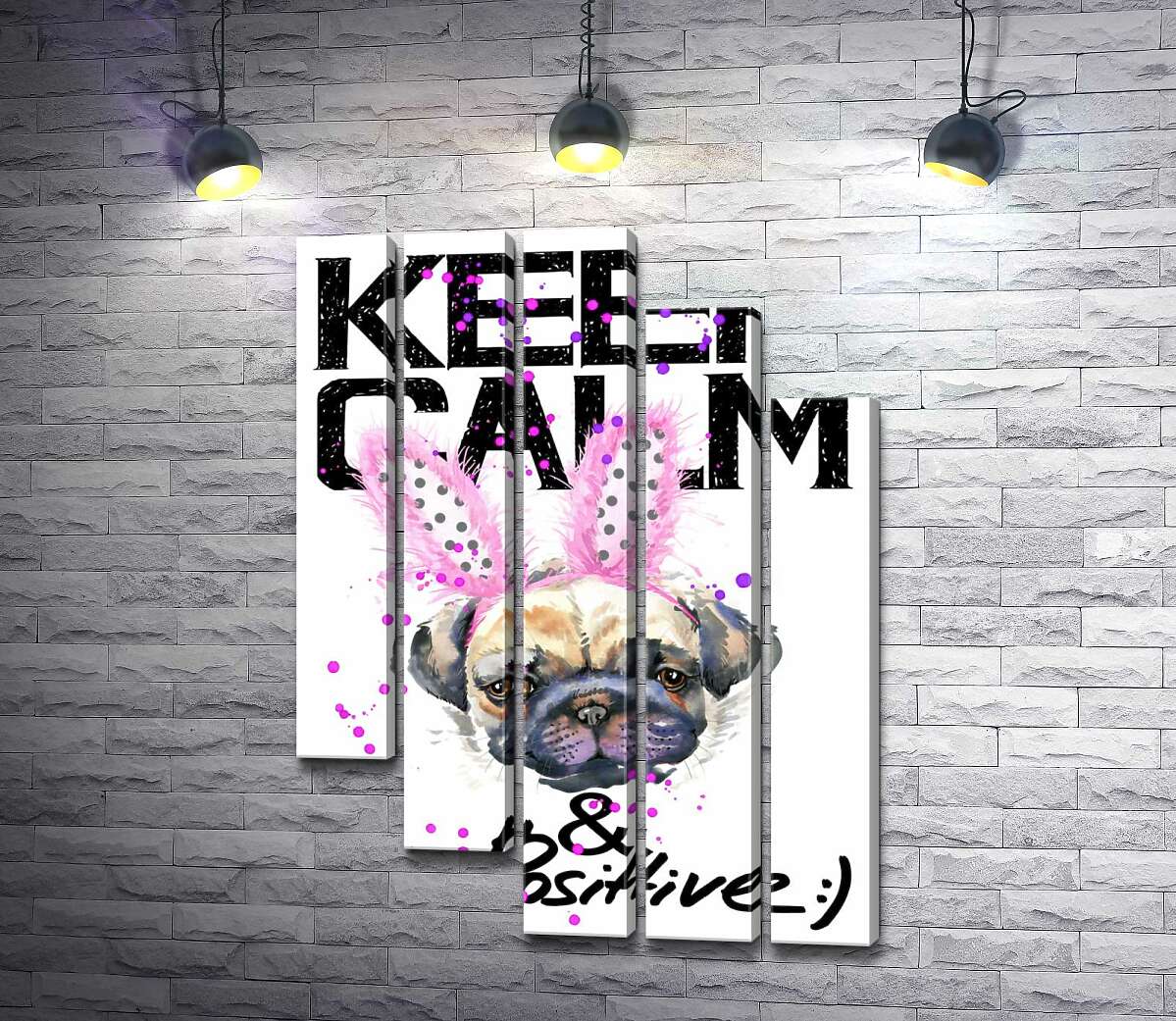 модульна картина Мопс з рожевими вушками зайця з написом "keep calm and be positive" (Модуль №28)