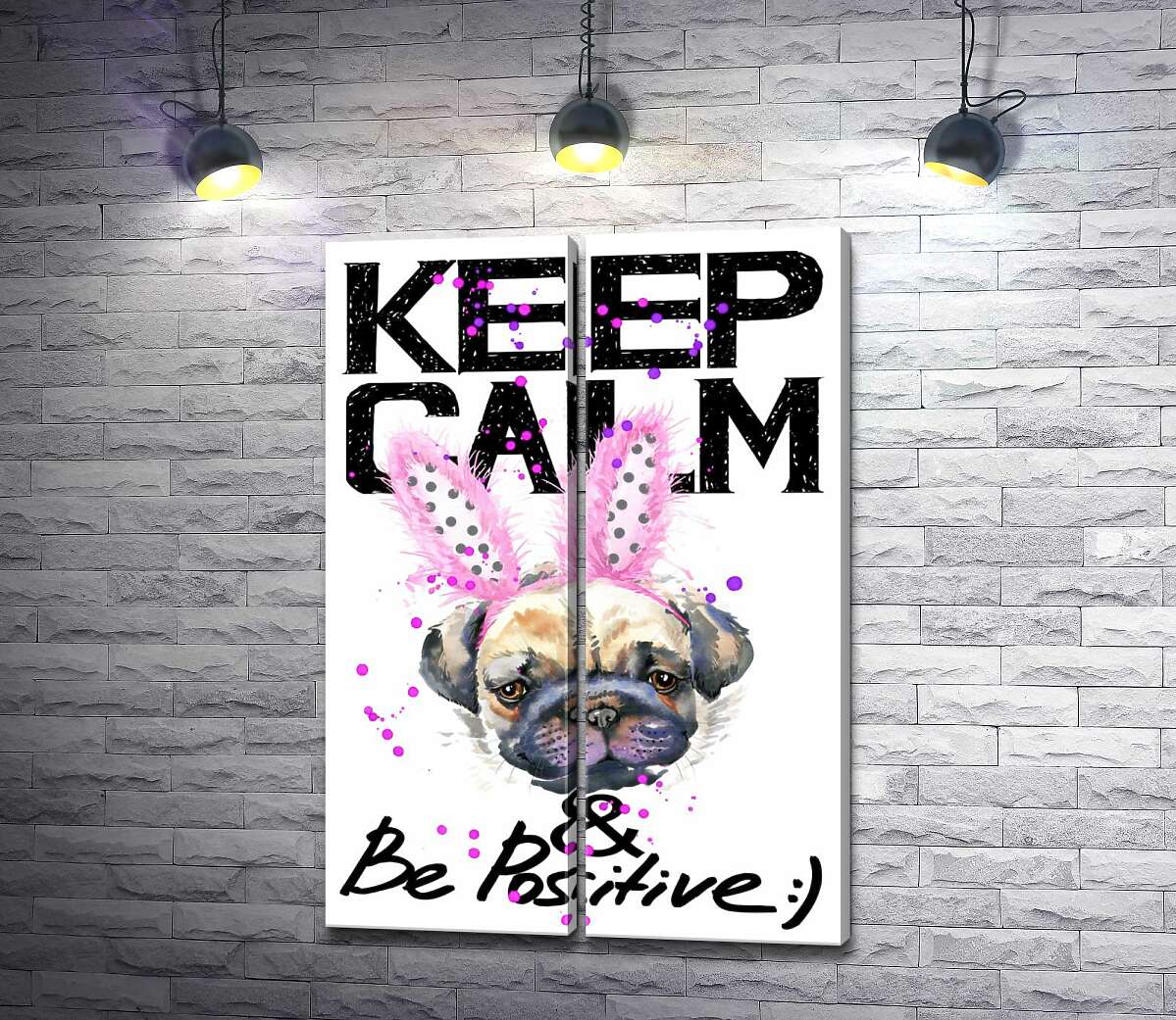 модульна картина Мопс з рожевими вушками зайця з написом "keep calm and be positive"