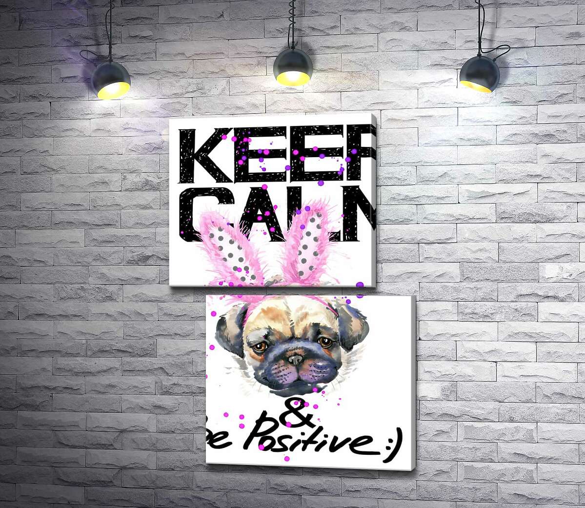 модульная картина Мопс с розовыми ушками зайца и надписью "keep calm and be positive" (Модуль №8)