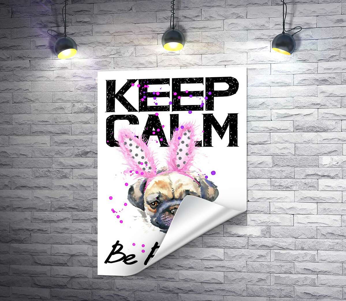 печать Мопс с розовыми ушками зайца и надписью "keep calm and be positive"