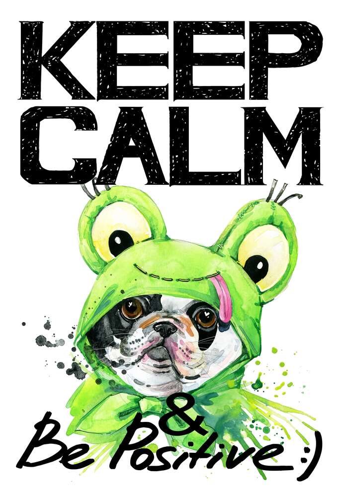 картина-постер Мопс в зеленом костюме лягушки под надписью "keep calm and be positive"