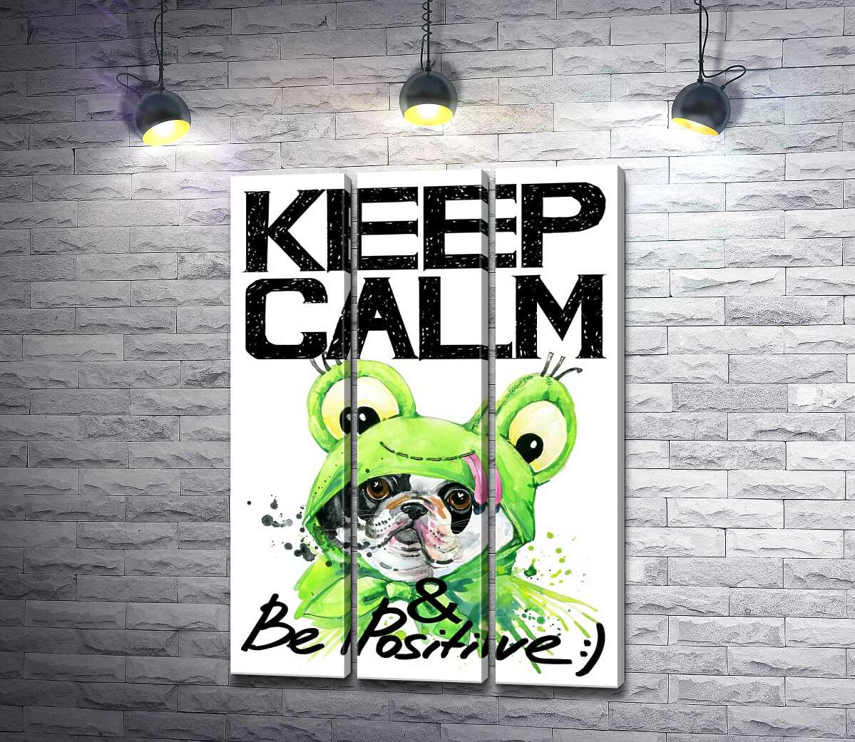 модульна картина Мопс в зеленому костюмі жаби під написом "keep calm and be positive"