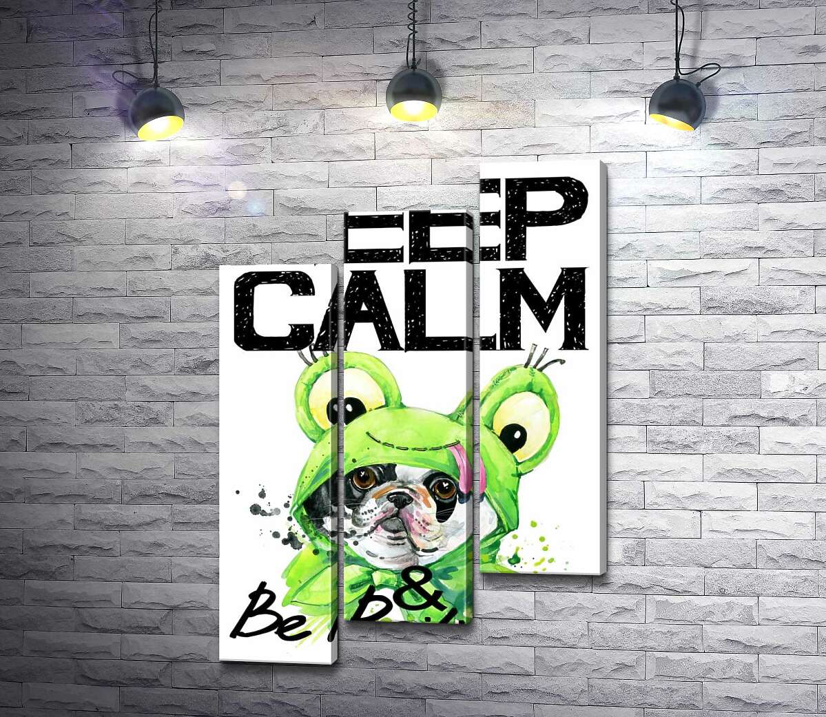модульная картина Мопс в зеленом костюме лягушки под надписью "keep calm and be positive" (Модуль №14)