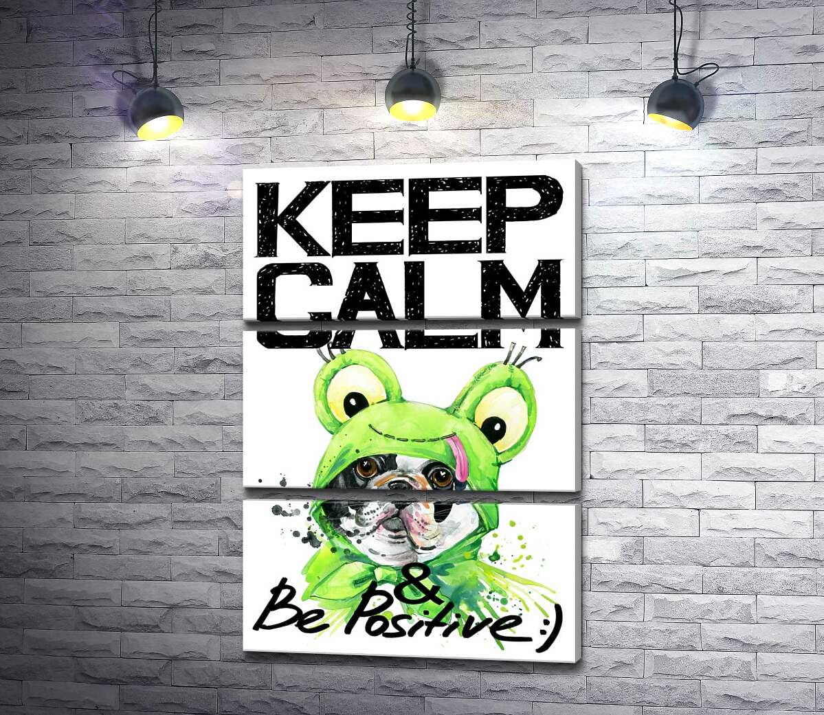 модульна картина Мопс в зеленому костюмі жаби під написом "keep calm and be positive" (Модуль №15)