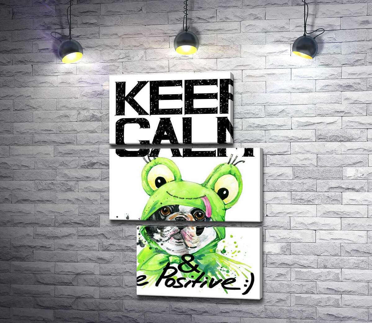 модульна картина Мопс в зеленому костюмі жаби під написом "keep calm and be positive" (Модуль №16)