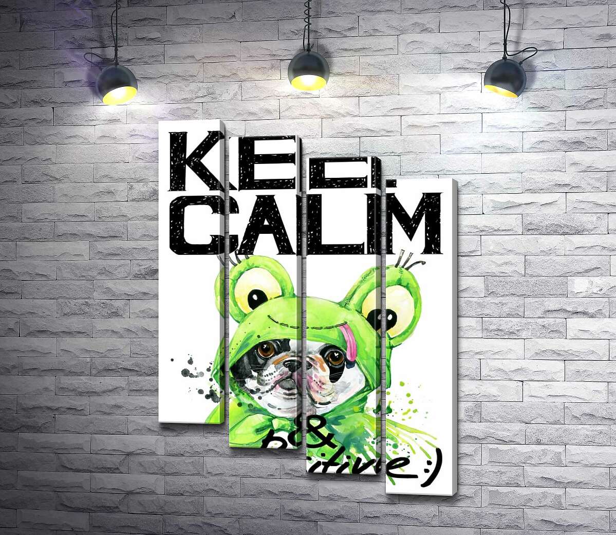 модульна картина Мопс в зеленому костюмі жаби під написом "keep calm and be positive" (Модуль №19)