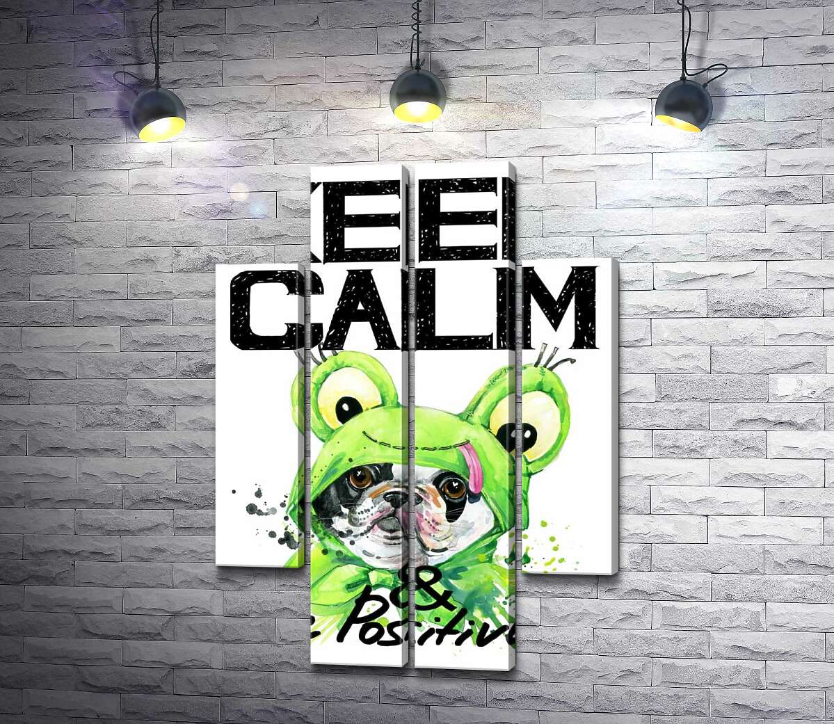 модульная картина Мопс в зеленом костюме лягушки под надписью "keep calm and be positive" (Модуль №20)