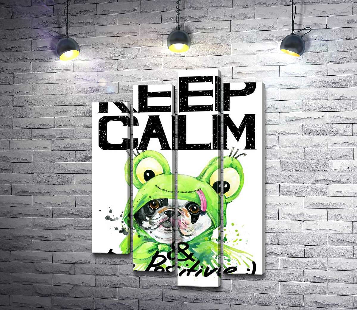 модульная картина Мопс в зеленом костюме лягушки под надписью "keep calm and be positive" (Модуль №3)