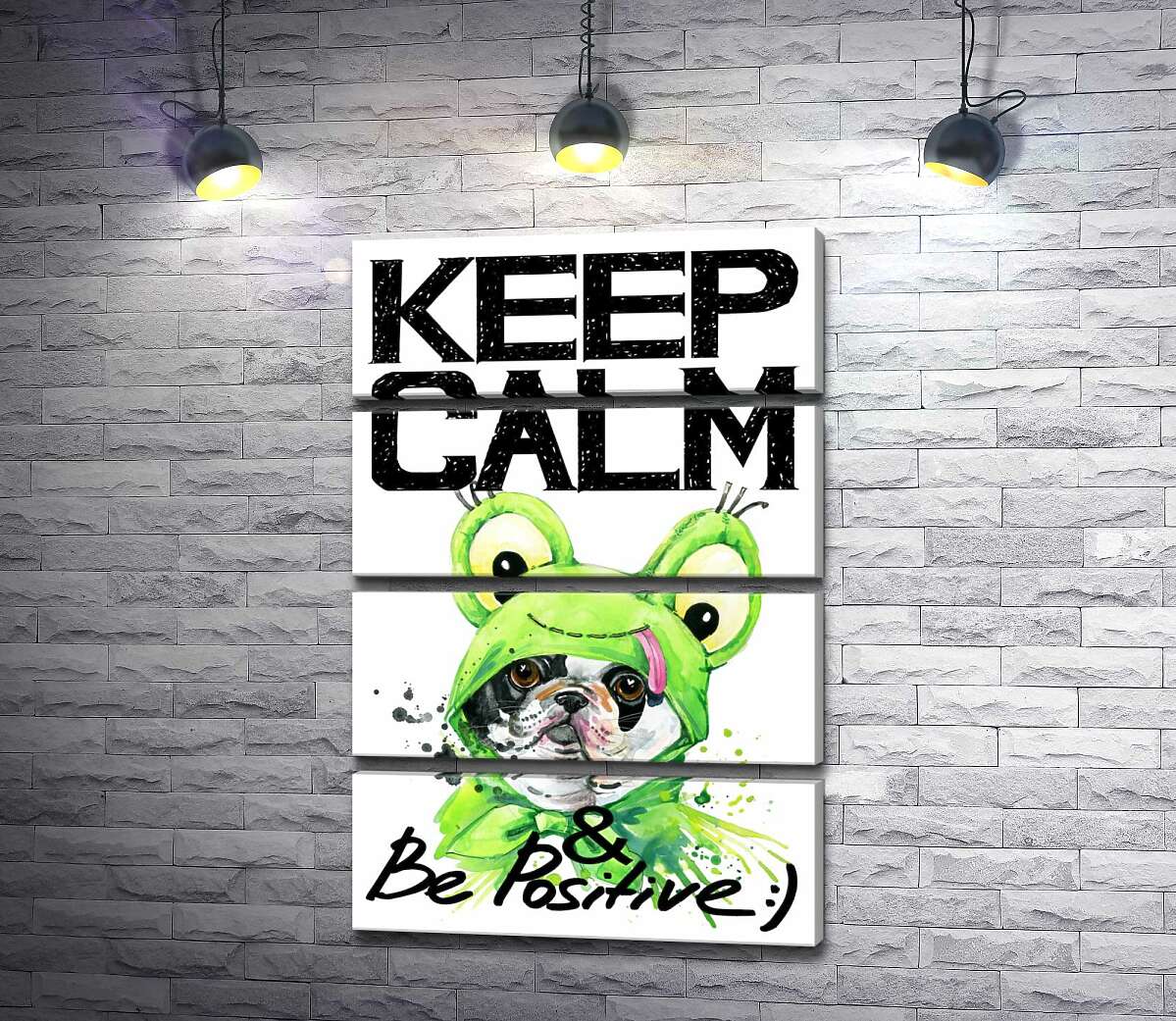 модульна картина Мопс в зеленому костюмі жаби під написом "keep calm and be positive" (Модуль №22)