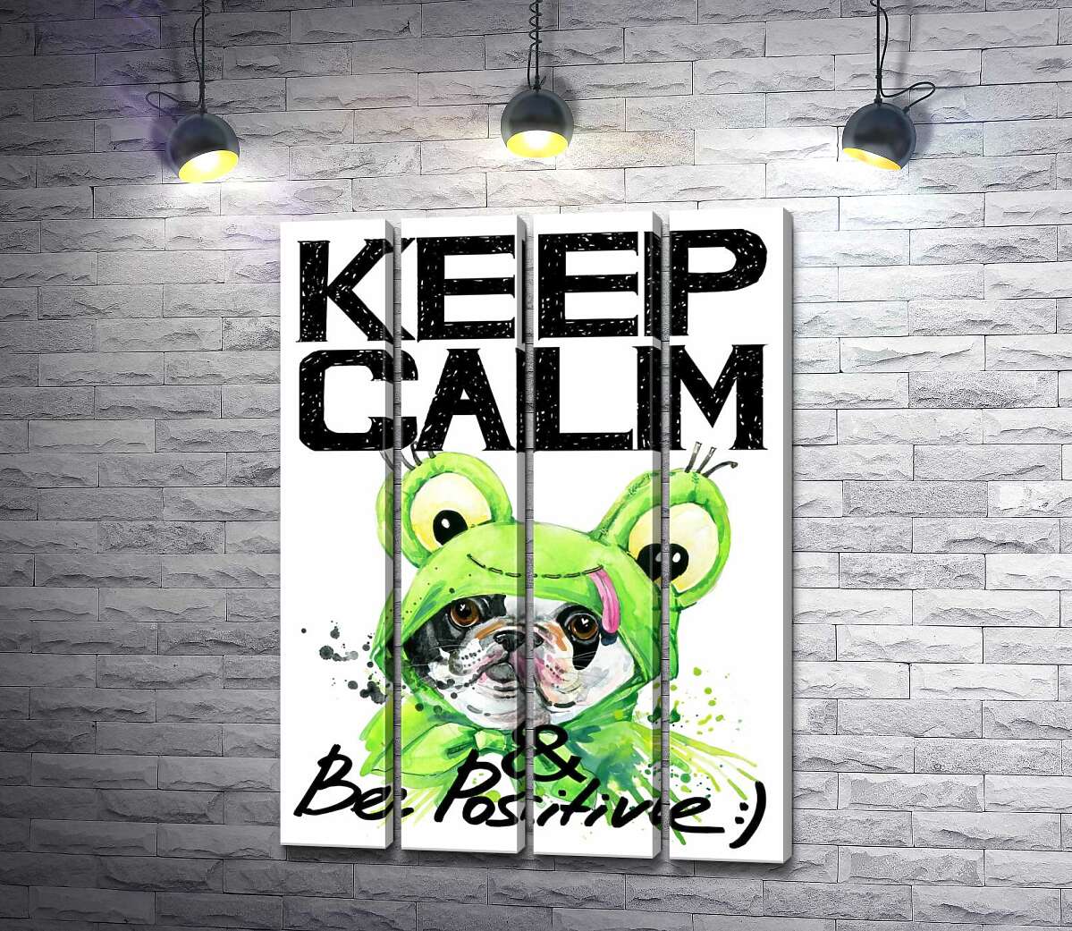 модульна картина Мопс в зеленому костюмі жаби під написом "keep calm and be positive" (Модуль №24)