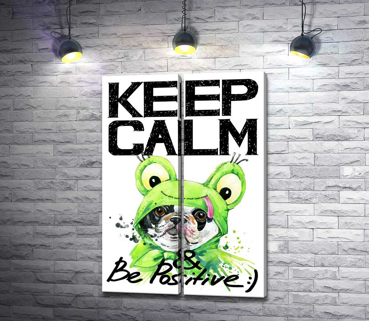 модульная картина Мопс в зеленом костюме лягушки под надписью "keep calm and be positive"