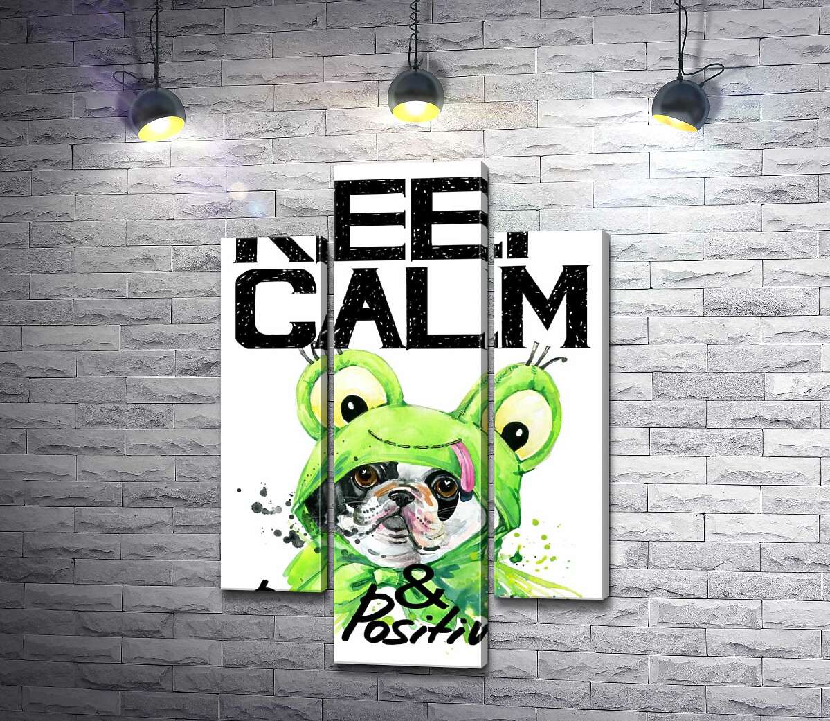 модульная картина Мопс в зеленом костюме лягушки под надписью "keep calm and be positive" (Модуль №10)