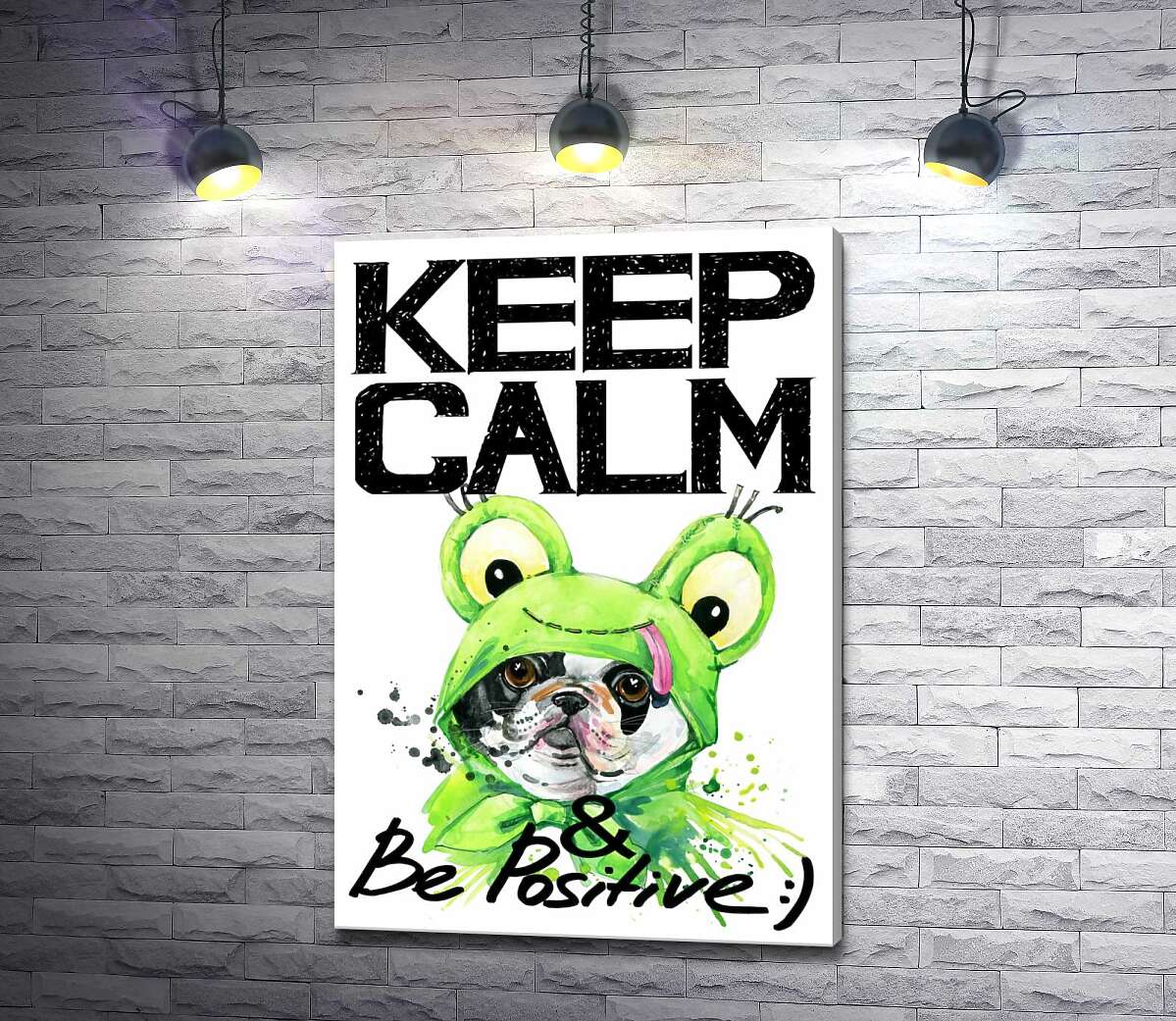 картина Мопс в зеленому костюмі жаби під написом "keep calm and be positive"