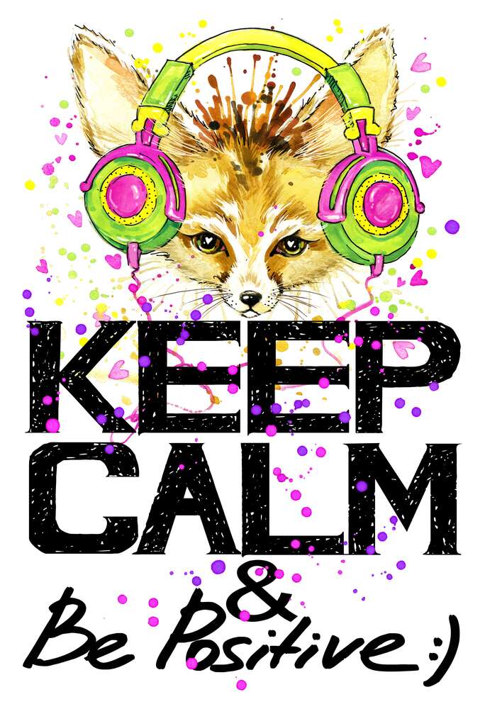 картина-постер Лиса фенек в ярких наушниках над надписью "keep calm and be positive"