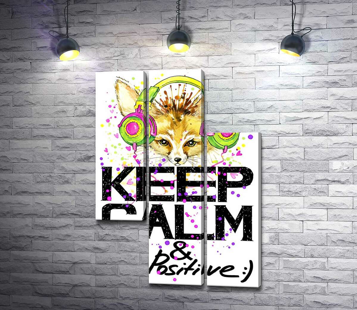 модульна картина Лисиця фенек в яскравих навушниках над написом "keep calm and be positive" (Модуль №13)