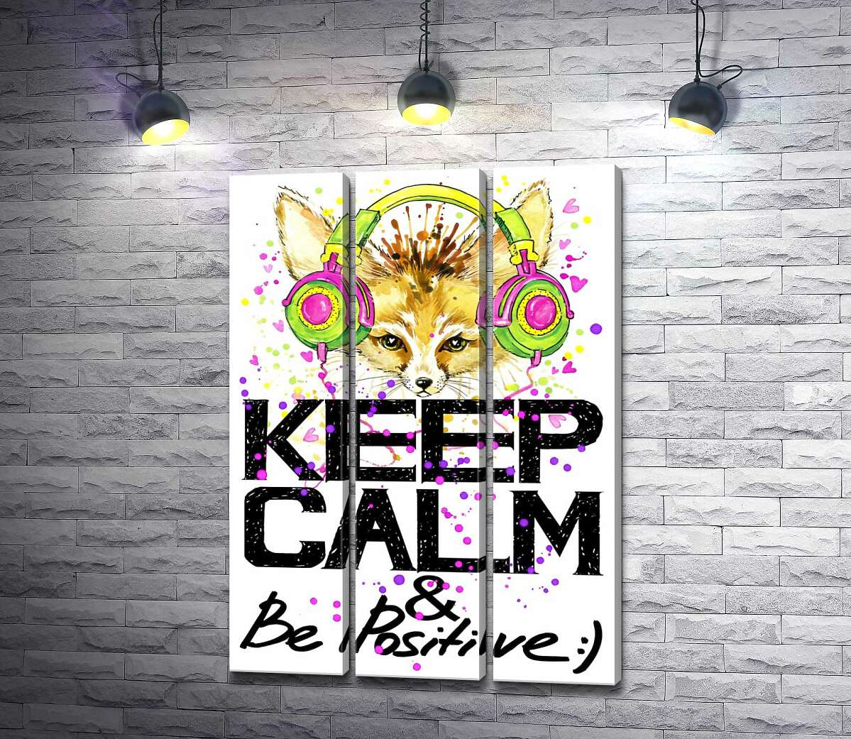 модульна картина Лисиця фенек в яскравих навушниках над написом "keep calm and be positive"