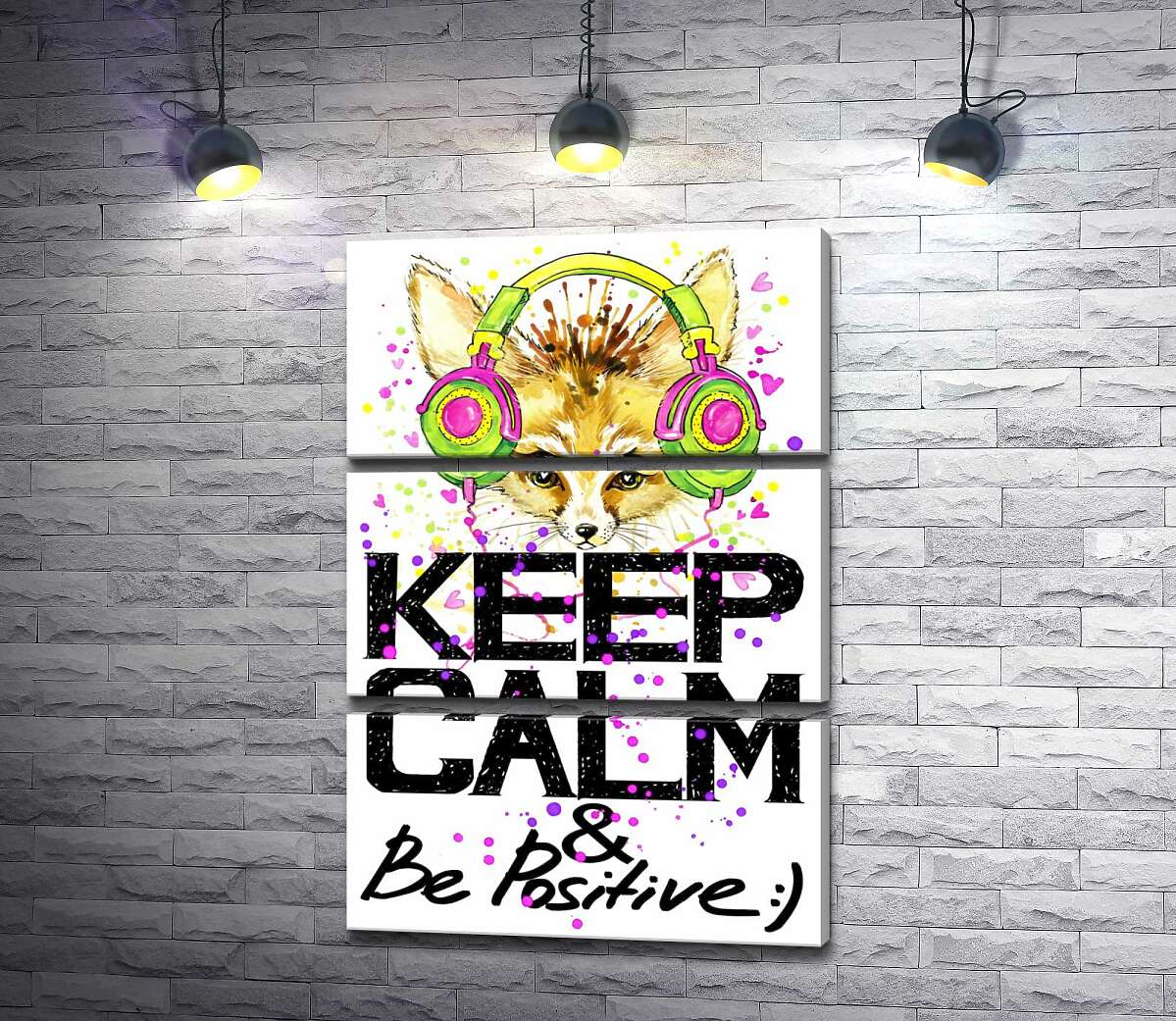 модульная картина Лиса фенек в ярких наушниках над надписью "keep calm and be positive" (Модуль №15)