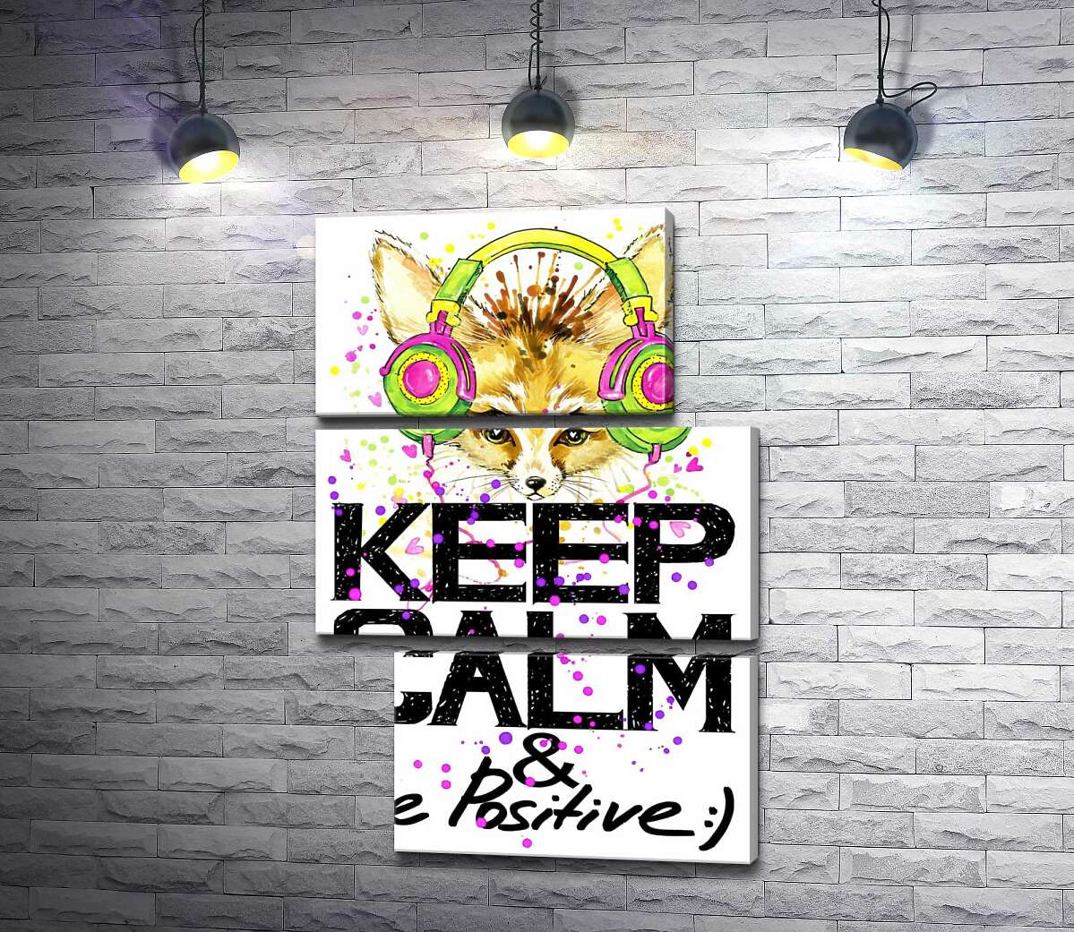модульная картина Лиса фенек в ярких наушниках над надписью "keep calm and be positive" (Модуль №16)