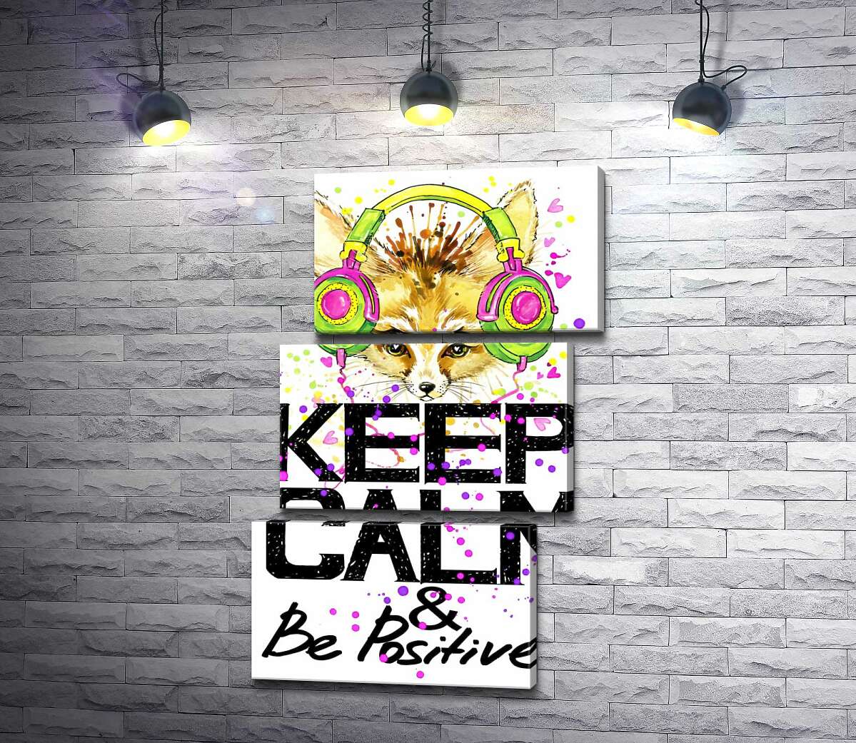 модульная картина Лиса фенек в ярких наушниках над надписью "keep calm and be positive" (Модуль №17)