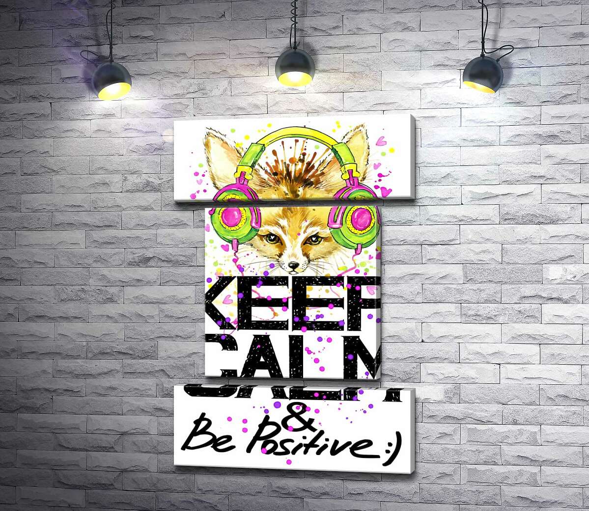 модульна картина Лисиця фенек в яскравих навушниках над написом "keep calm and be positive" (Модуль №18)