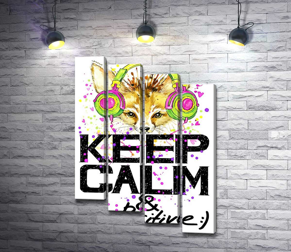 модульная картина Лиса фенек в ярких наушниках над надписью "keep calm and be positive" (Модуль №19)