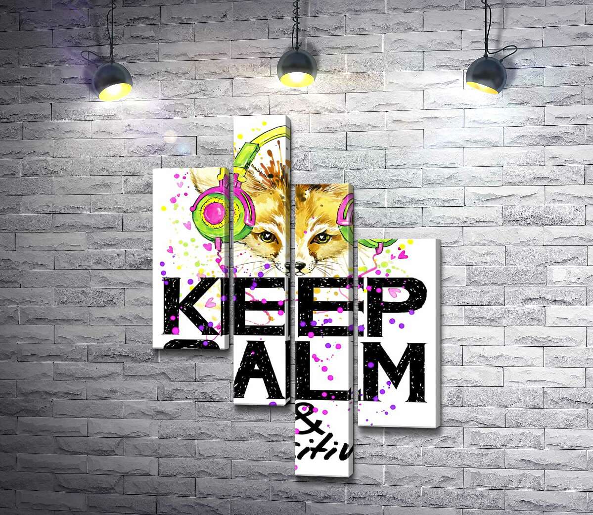 модульна картина Лисиця фенек в яскравих навушниках над написом "keep calm and be positive" (Модуль №21)