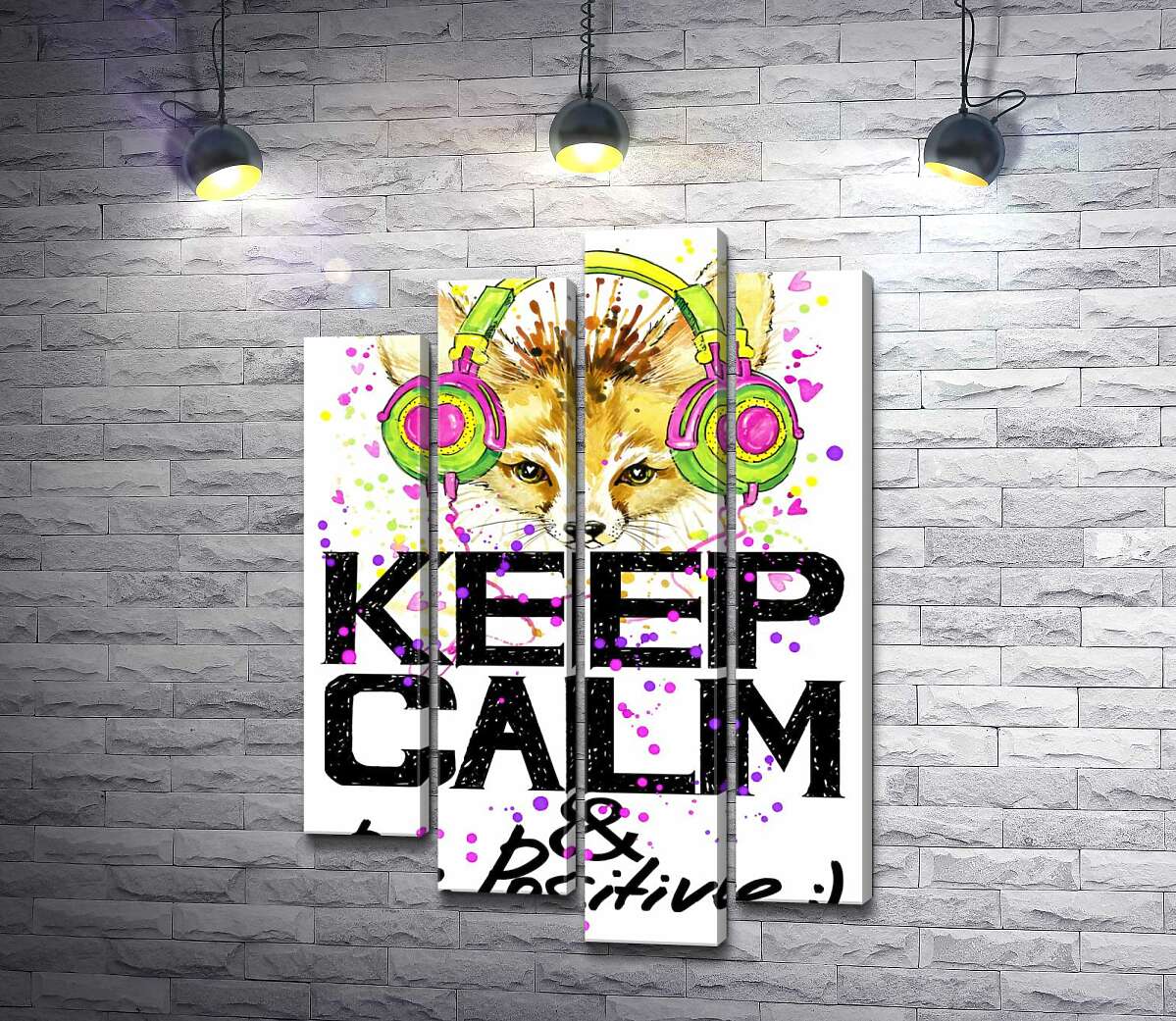 модульна картина Лисиця фенек в яскравих навушниках над написом "keep calm and be positive" (Модуль №3)