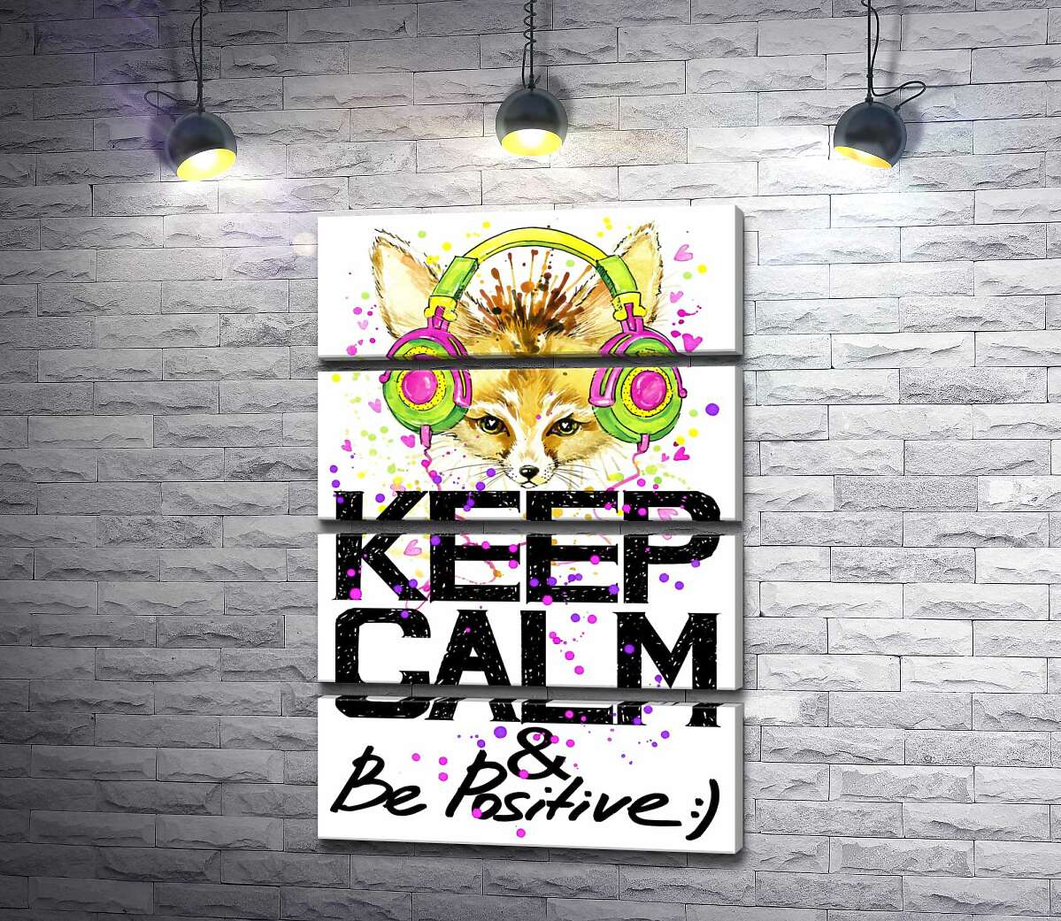 модульная картина Лиса фенек в ярких наушниках над надписью "keep calm and be positive" (Модуль №22)