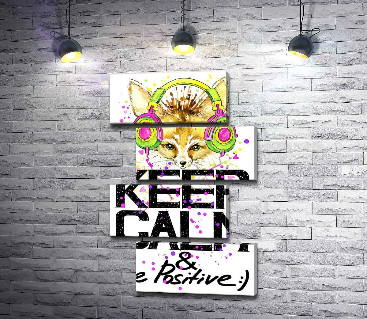 модульная картина Лиса фенек в ярких наушниках над надписью "keep calm and be positive" (Модуль №23)